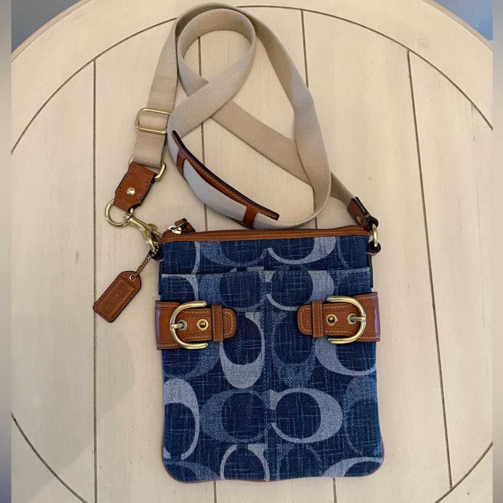 Denim Coach crossbody with zipper closure and front and back slip pockets - Picture 4 of 10
